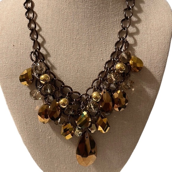 Antique Bronze Chain Necklace With Amber Colored Faceted Beads - Picture 5 of 5